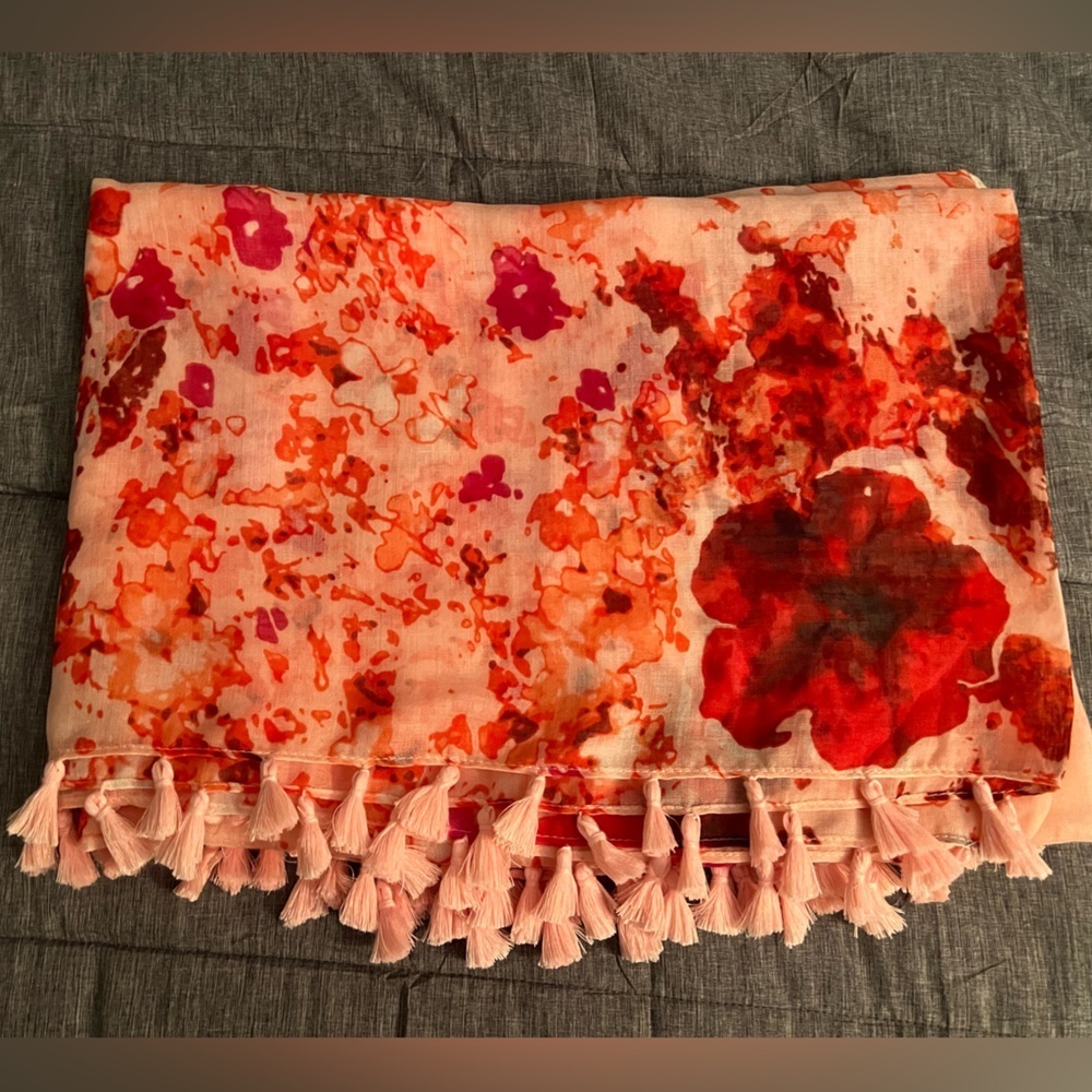 Peter Som Tassel Scarf Sarong in Pink & Red Floral Print Summer Beach Wrap